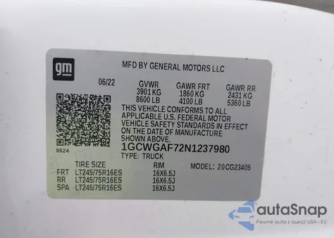 2022 Chevrolet Express Cargo Rwd 2500 Regular Wheelbase Wt z USA, uszkodzony, nr VIN 1GCWGAF72N1237980